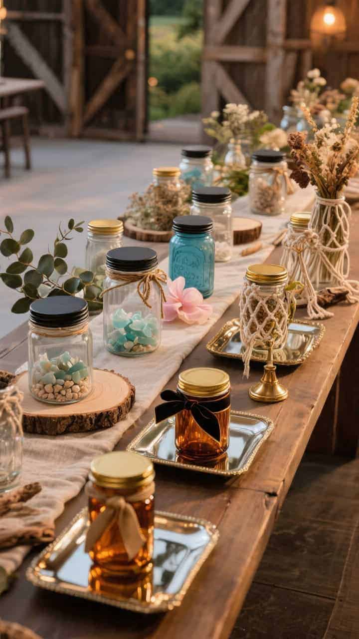 Collage-style medium shot on a long display table showing distinct styling themes grouped but cohesive via consistent warm light and matching lid finish: Rustic Barn with clear jars, twine bows, wood slices, eucalyptus; Modern Minimal with frosted jars, matte black lids, neutral runners; Garden Romance with vintage blue jars, silk petals, blush accents; Coastal Chic with sea glass fillers, sand-pebble bases, linen ribbon, driftwood; Glam Evening with amber jars, gold lids, velvet ribbon on mirrored trays; Boho Luxe with mixed jar sizes, macramé hangers, brass details, dried florals. Warm evening ambiance, angled perspective.