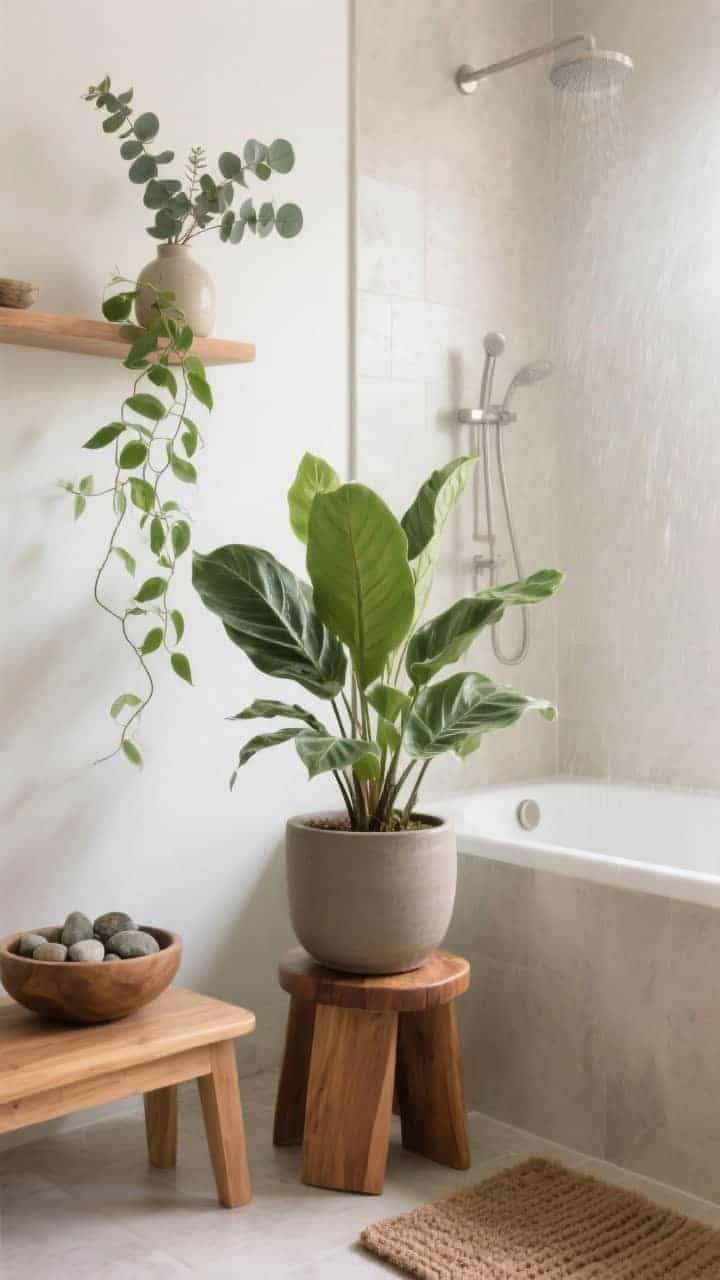 Corner medium shot with soft greenery: a ZZ plant in a matte ceramic pot on a warm wood stool beside the tub, trailing pothos on a shelf above, and eucalyptus sprigs in a simple vase near the shower; additional natural elements like a bowl of river stones and a teak bath mat; humid, soft daylight filtering in to highlight the plants’ matte leaves and earthy calm.