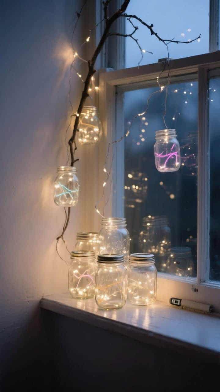 Corner vignette at dusk: cluster of mason jars on a windowsill and a few hanging from nearby branches with thin wire, each filled with warm white fairy lights and one or two subtle pastel-colored strands for depth; some jars lightly frosted to diffuse the glow; intentional grouping of three to five per cluster; gentle reflections on the window glass creating a dreamy constellation effect; moody, romantic, battery-pack hidden styling; angled corner perspective, no people.