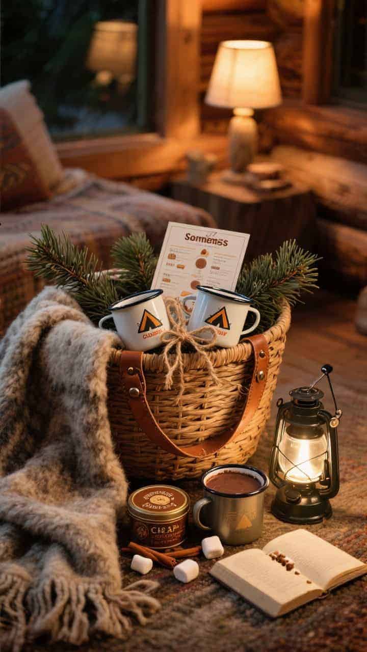 Cozy medium scene of a Cabin Escape basket: a woven basket with leather handles lined with a wool or faux-fur throw that spills over the edge; two enamel camp mugs with retro graphics tied together with jute twine, pine sprigs tucked in; gourmet hot chocolate and chai tins beside spiced marshmallows; compact lantern and a clip-on reading light; a printed s’mores guide card on top; warm ambient lamplight, rich textures of wool, enamel, and wood.