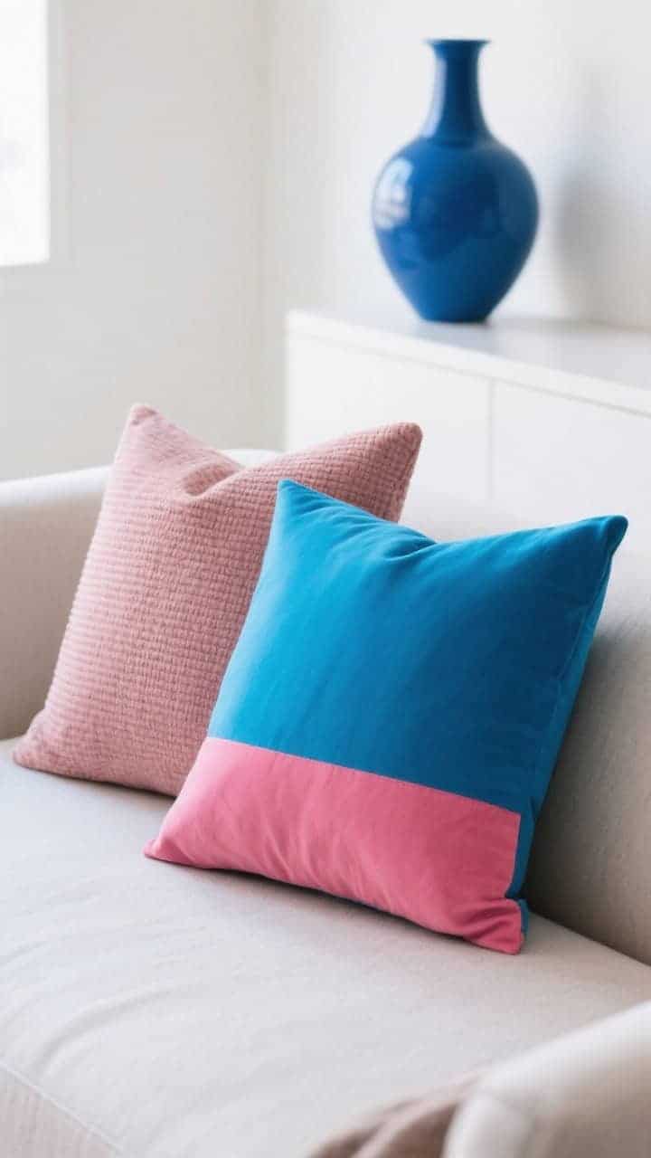 Detail closeup: A modern sofa showcasing a color-blocked bright pillow in cobalt and blush, paired with a solid textured companion; clean geometry and saturated hues feeling fresh without busy prints; a matching cobalt vase in the background to repeat the accent color; soft, even daylight for clarity.