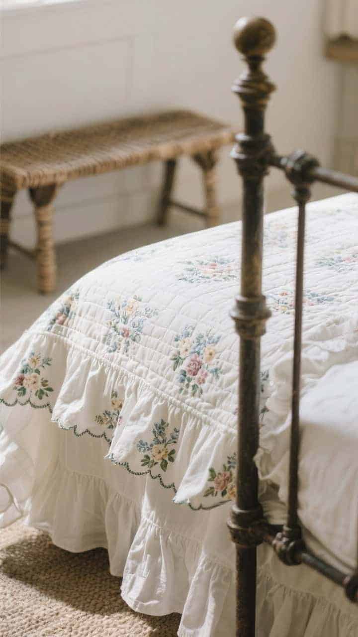 Detail closeup from bed height: Tailored ruffle edge on floral shams and a softly gathered bed skirt in percale or voile; the quilt pattern kept calm and understated to let ruffles shine; textures highlighted in soft, indirect afternoon light; background hints of rustic balance—a woven bench leg and iron bed frame post slightly out of focus.