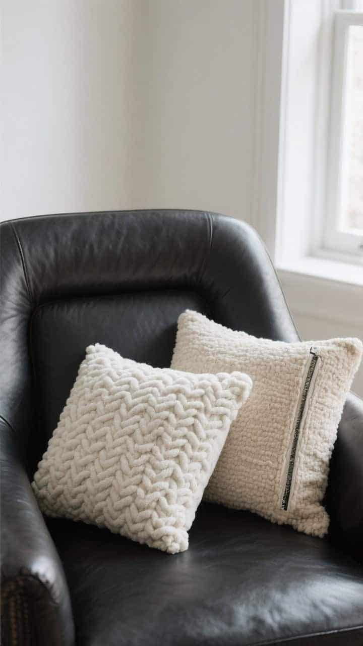 Detail closeup: Ivory and oatmeal bouclé pillows on a dark leather armchair, showing the loopy, tactile weave; one rounded cushion and one lumbar shape to break up square lines; gentle window light brightening the neutral bouclé against the darker upholstery; removable cover zipper subtly visible for realism.