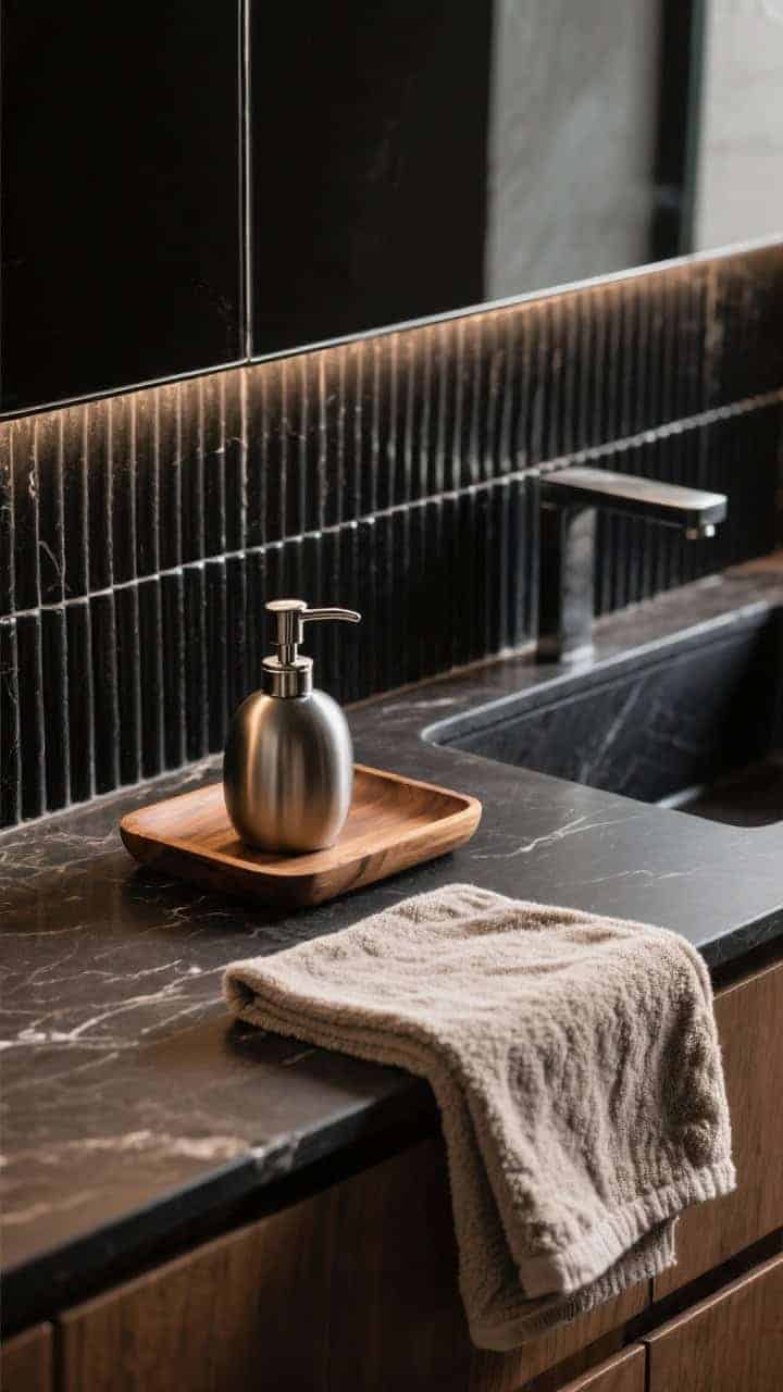 Detail closeup of layered textures: ribbed/fluted matte black wall tile meeting a honed dark stone countertop with velvety finish; brushed gunmetal soap dispenser and raw wood tray; rough linen hand towel draped nearby; warm, directional light raking across surfaces to reveal tactile contrast; photorealistic.