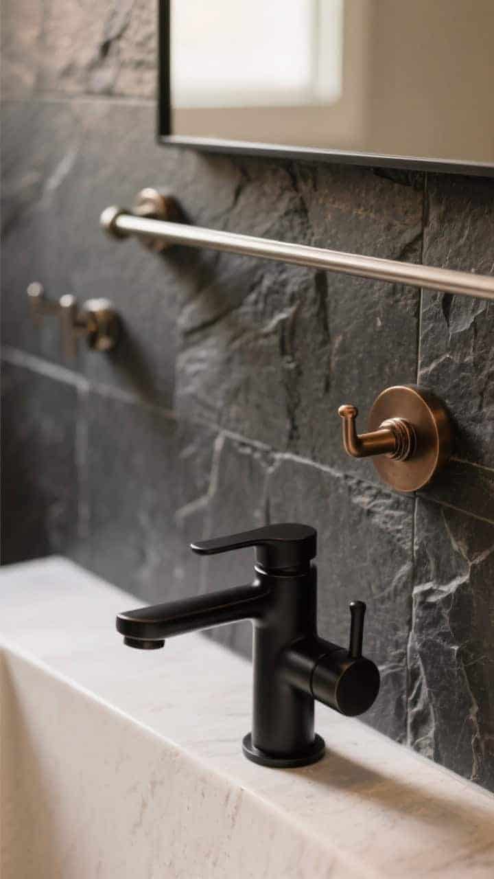 Detail closeup of mixed metal fixtures: matte black faucet and shower valve as primary, paired with brushed nickel towel bar and a small bronze hook; dark stone backsplash in charcoal; soft, warm light to reduce harshness; composition shows repetition of two finishes for depth without visual noise.