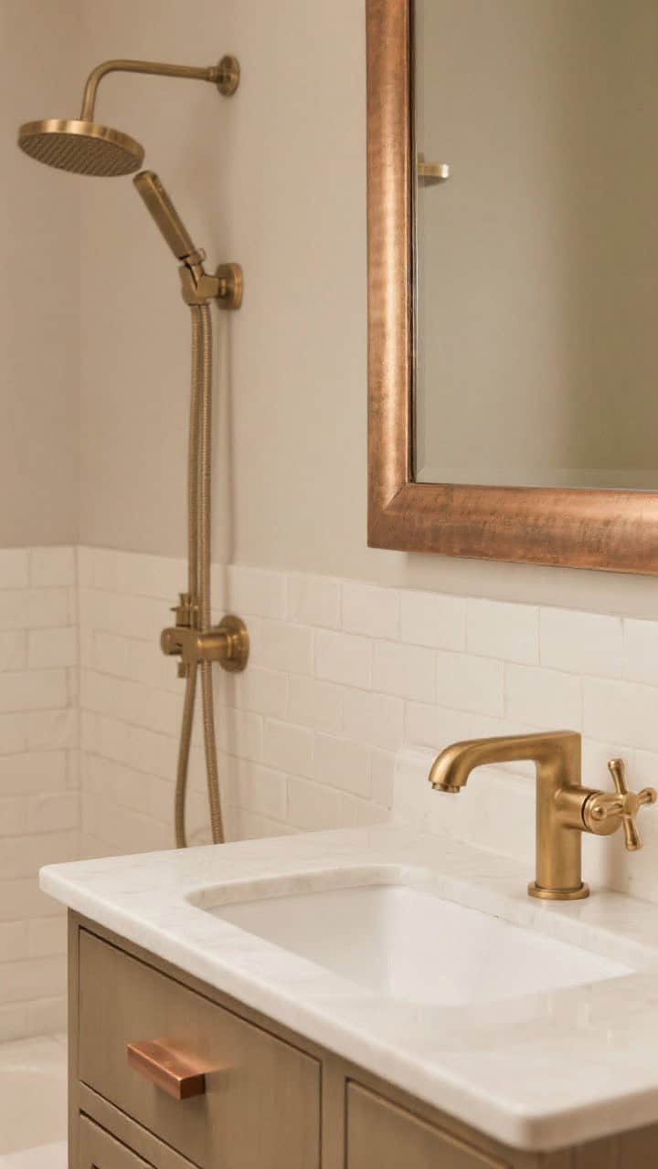 Detail closeup of mixed warm metals: brushed brass faucet and shower handle as the primary metal, paired with a champagne bronze-framed mirror and light bronze drawer pulls; all finishes in satin/brushed textures on a backdrop of creamy tile and warm greige wall, repeated metals for intentionality, no chrome, warm ambient lighting emphasizing the softness.