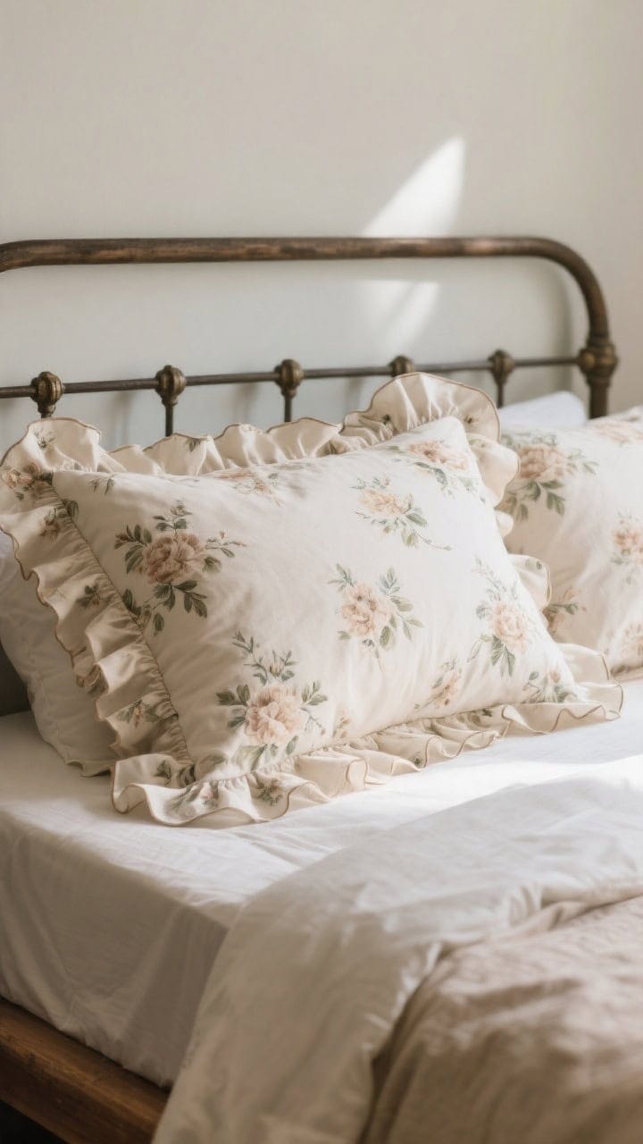 Detail closeup: ruffled floral shams with tone-on-tone ruffled trim against a tailored linen duvet for balance; edge of a simple iron or wood bed frame visible to ground the look; soft side lighting accentuating the gentle waves of the ruffles without feeling frilly.