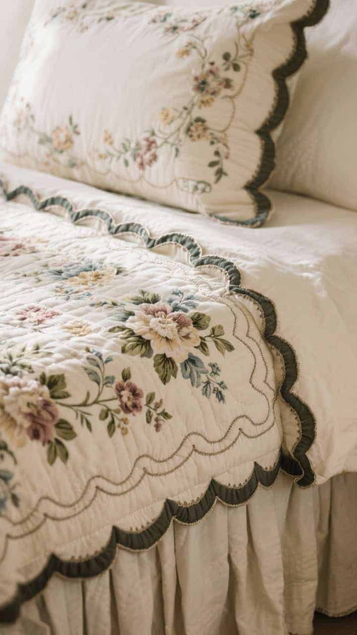 Detail macro shot: A floral quilt edge showcasing scalloped trim and contrast piping in a darker tone from the print; coordinating scalloped pillowcase nearby for repeat detail; delicate embroidery on a sham; soft, raking light highlighting stitching and edgework against a neutral bed skirt.