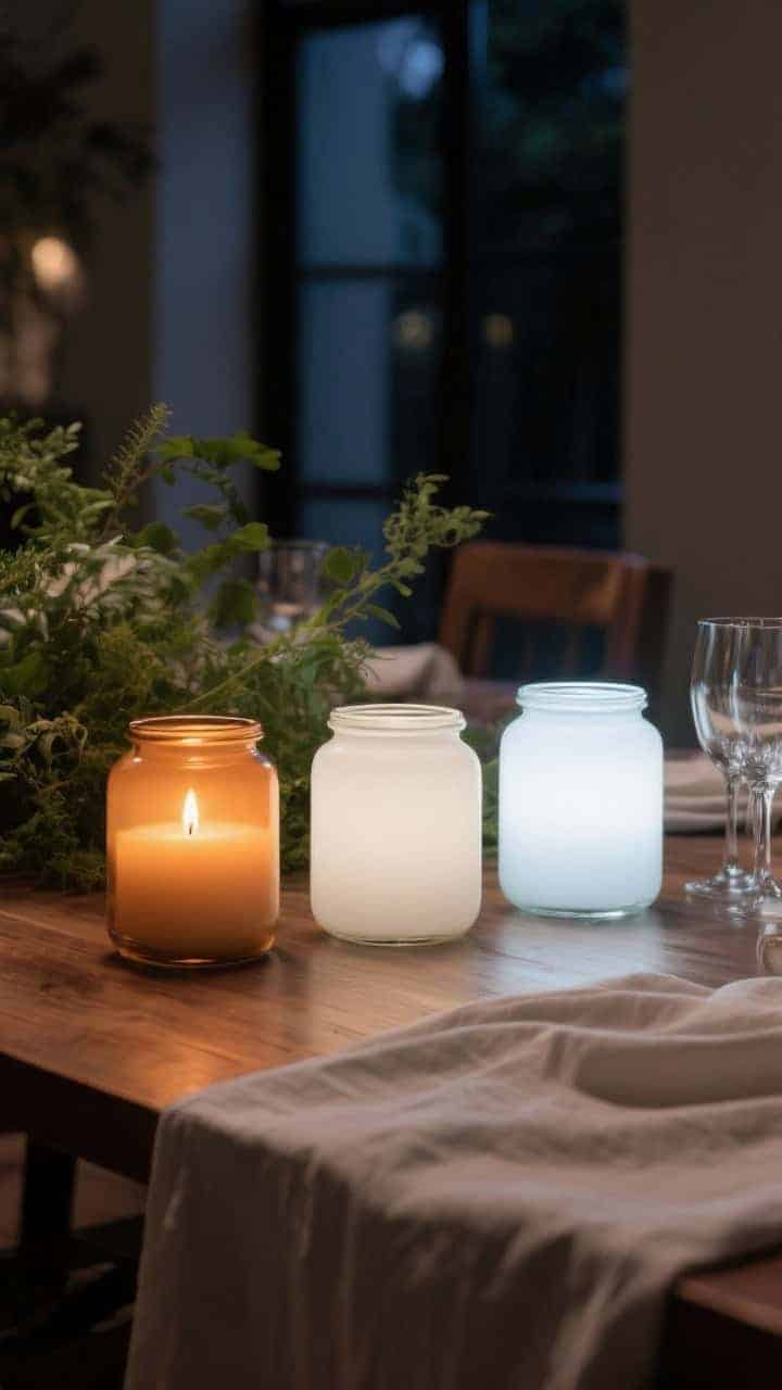 Detail shot focusing on three grouped jars demonstrating color temperatures: one warm white (2200–2700K) casting candle-like amber glow on nearby wood, one neutral white (3000–3500K) creating a clean, flattering light on pale linens, and one cool white (4000K+) producing a crisp, icy highlight on nearby glassware. Arrange on a wooden table with greenery to show how tones affect textures. Low-light evening setting, straight-on, high clarity to distinguish Kelvin differences.