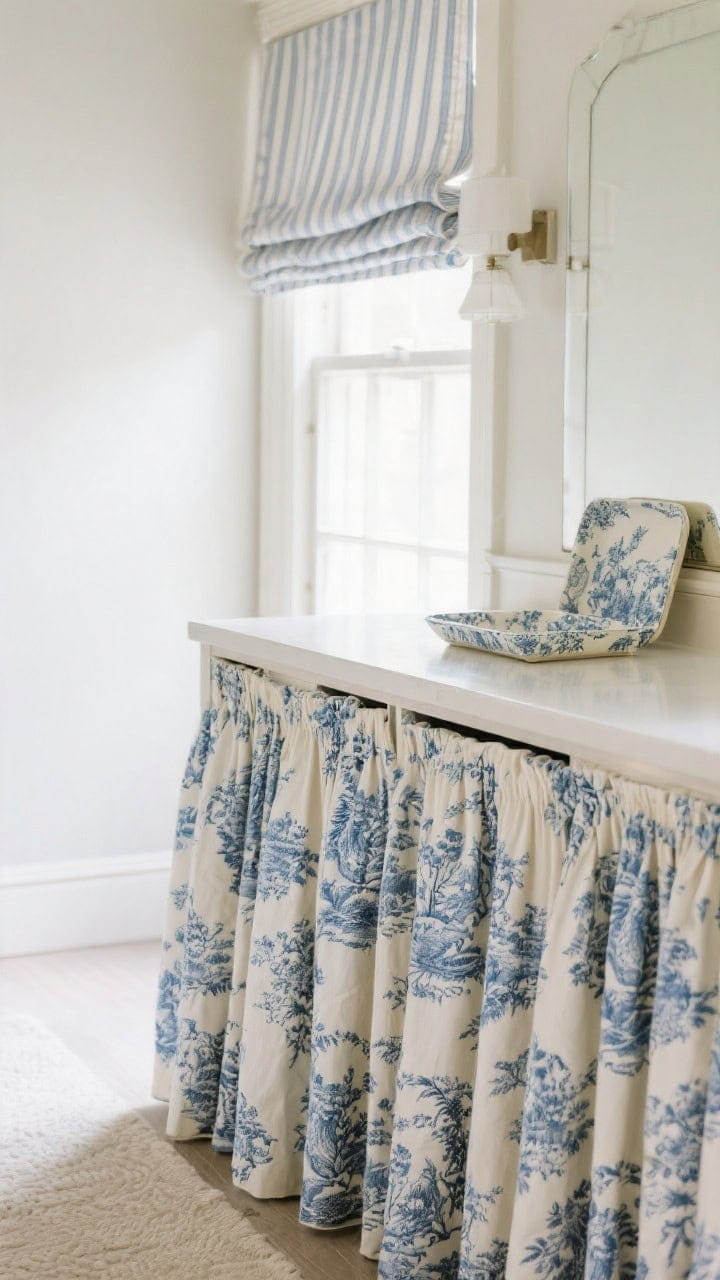 Detail shot of textiles showcasing patterns: a skirted vanity in classic blue-and-cream toile de Jouy with neat pleats, hiding bonus storage behind; a matching ticking stripe Roman shade in the background; a small tray liner echoing the toile once for cohesion; soft, neutral walls and gentle daylight for a charming, not theme-y look.