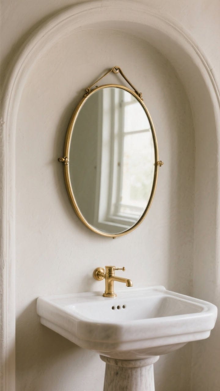 Detail shot, straight-on, of a brass-framed oval tilting mirror with petite brass brackets over a pedestal sink; slim rim with subtle curves, beveled glass, slight patina at edges; soft natural light reflecting to brighten the plaster wall; optional arched silhouette hinted by nearby molding; mood is graceful, collected, and jewelry-like.