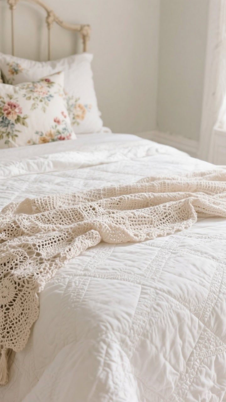 Detail texture shot: a white matelassé coverlet as the base with its quilted pattern in focus, topped by a delicate crochet or lace throw; floral shams behind for a hint of color; gentle daylight skimming the textures to emphasize heirloom-chic layering that works in any season.