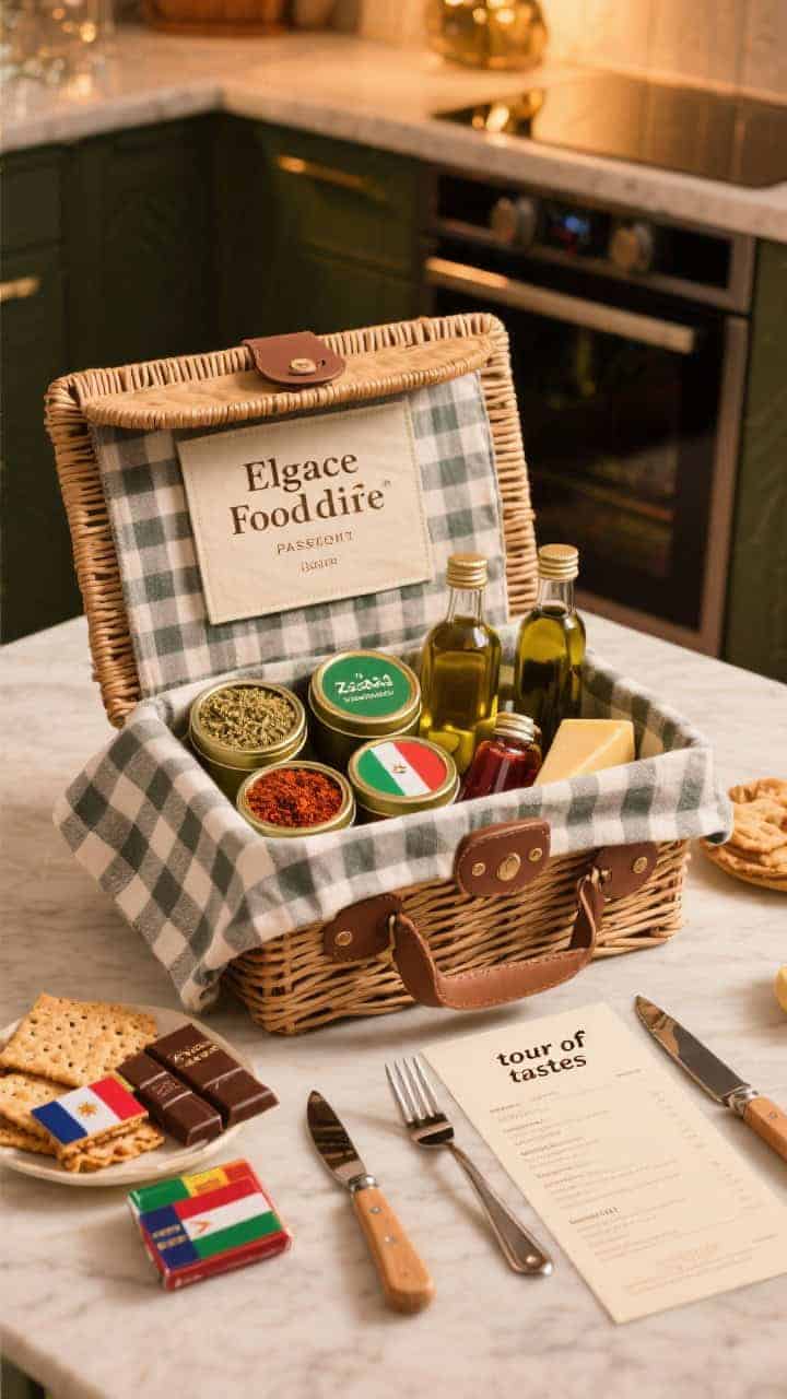 Elegant Foodie Passport hamper, medium tabletop scene: lidded picnic basket open to reveal global spice blends in labeled tins (za’atar, berbere, togarashi), mini olive oils and infused vinegars, travel tapenades with crackers, chocolate bars labeled with country flags, compact picnic cutlery and a folding cheese knife; a checked linen napkin lines the basket, with a printed “tour of tastes” menu card; warm kitchen light, rich colors and glossy glass.