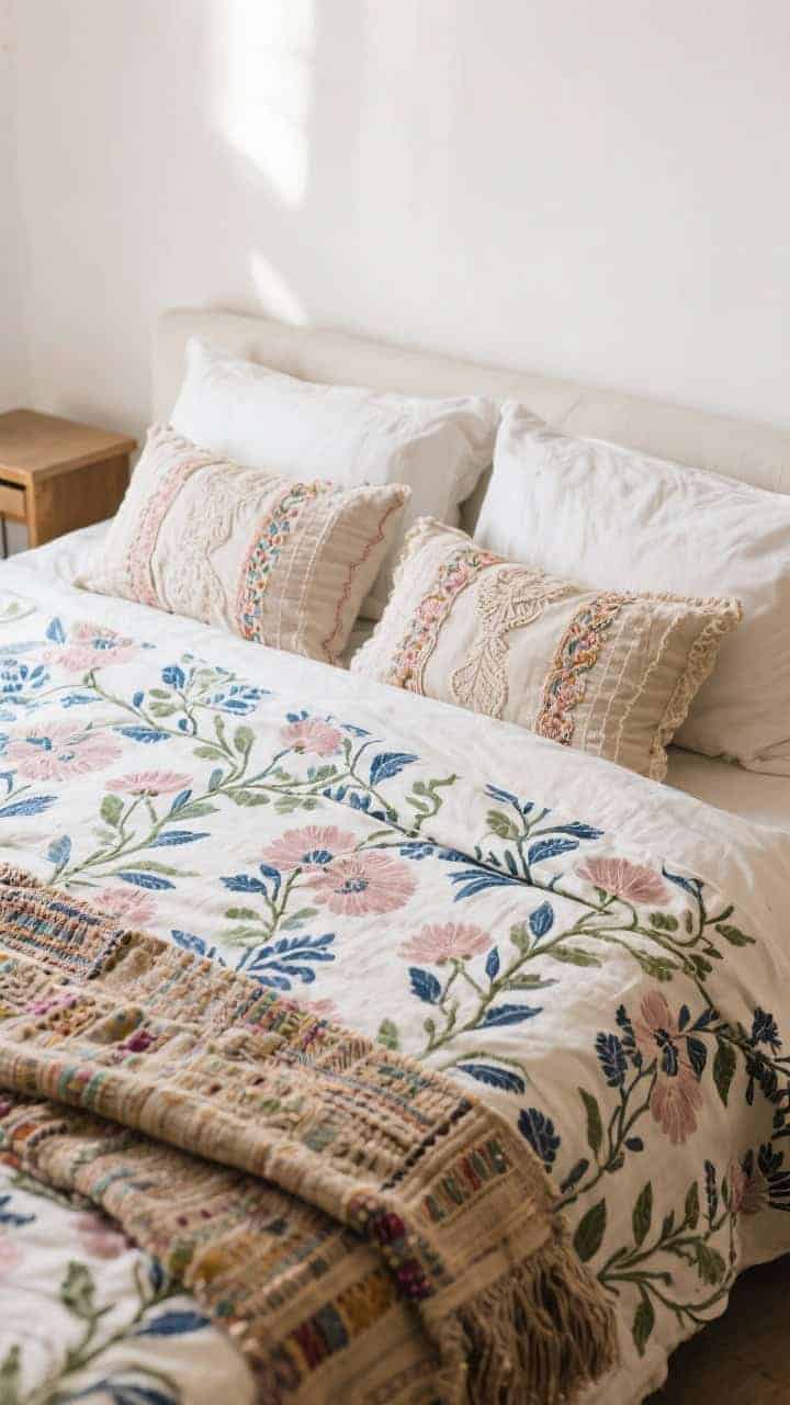 Medium bed detail: hand-block-printed floral duvet with delicate vine patterns in indigo, sage, and dusty pink; embroidered shams layered behind for artisanal texture; a kantha-style throw at the foot adds hand-stitched charm; simple, unfussy nightstands so the print remains star; soft diffused daylight.