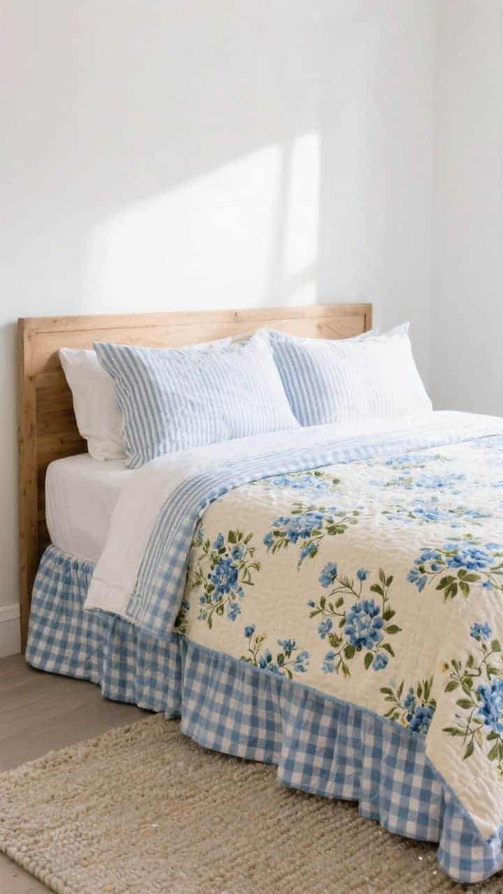 Medium bed vignette from corner: Floral quilt paired with ticking stripe sheets; gingham shams and a coordinating gingham bed skirt for structure; colors kept in the same family (e.g., blues and creams) to avoid theme-park feel; bright, even natural light to showcase pattern mix; simple wood headboard and neutral rug.