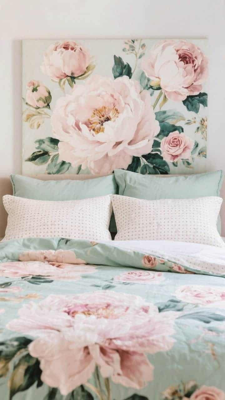 Medium bed vignette: layered prints with smart scale play—oversized peony floral duvet (large scale), painterly floral euro shams (medium scale) behind, and pin-dot/micro-rose sheets (small scale) peeking at the cuff; shared color thread of blush and sage; straight-on composition with even daylight for a curated, not chaotic look.