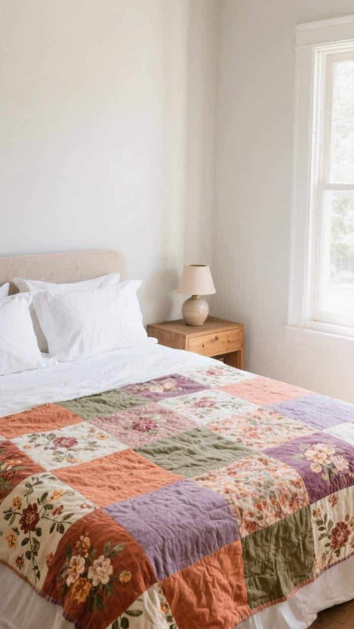 Medium bedroom shot from corner angle: A vintage-inspired patchwork floral quilt in modern tones of terracotta, dusty mauve, and olive on a bed; washed cotton or linen-blend fabric with a lightly wrinkled, lived-in texture; layered with crisp white shams for balance; natural wood nightstand with a simple ceramic lamp; bright, diffused daylight for a fresh, heirloom-but-current vibe.