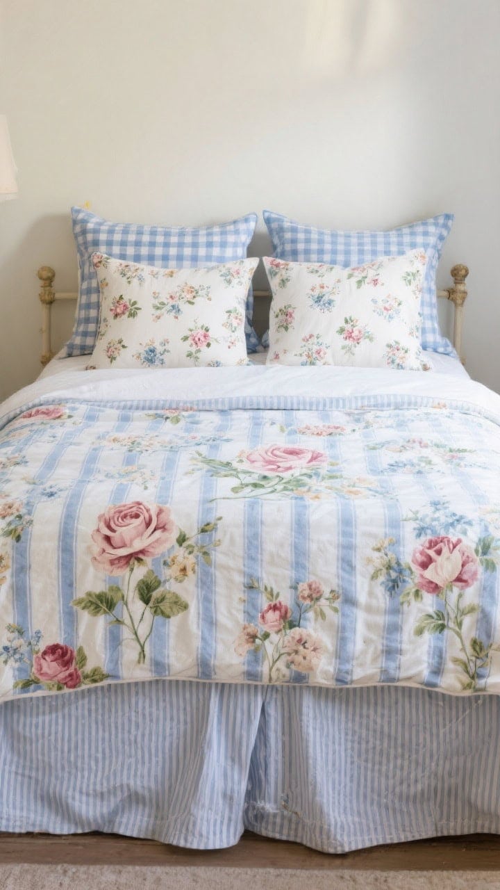 Medium composition: coordinated mix of prints—blue-and-white stripe sheets under a vintage rose duvet; gingham euro shams behind and ditsy floral pillowcases in front; a ticking stripe bed skirt peeks below; balanced, straight-on view with soft natural light to keep the florals grounded and restful.