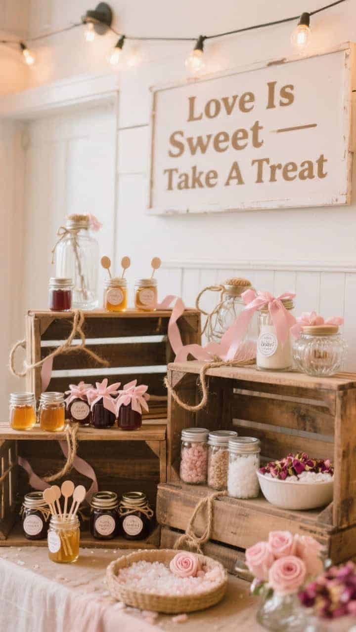 Medium exit display: market-style favor station with mini mason jars of small-batch honey with tiny wooden dippers, homemade jam with custom labels, hot cocoa mix, and bath salts with dried rose petals; cohesive twine and ribbons in a champagne and blush palette; wooden crates stacked at varying heights; a simple “Love Is Sweet—Take A Treat” sign; warm, inviting lighting emphasizing glass shine and textures; clean, photorealistic styling, straight-on, no people.