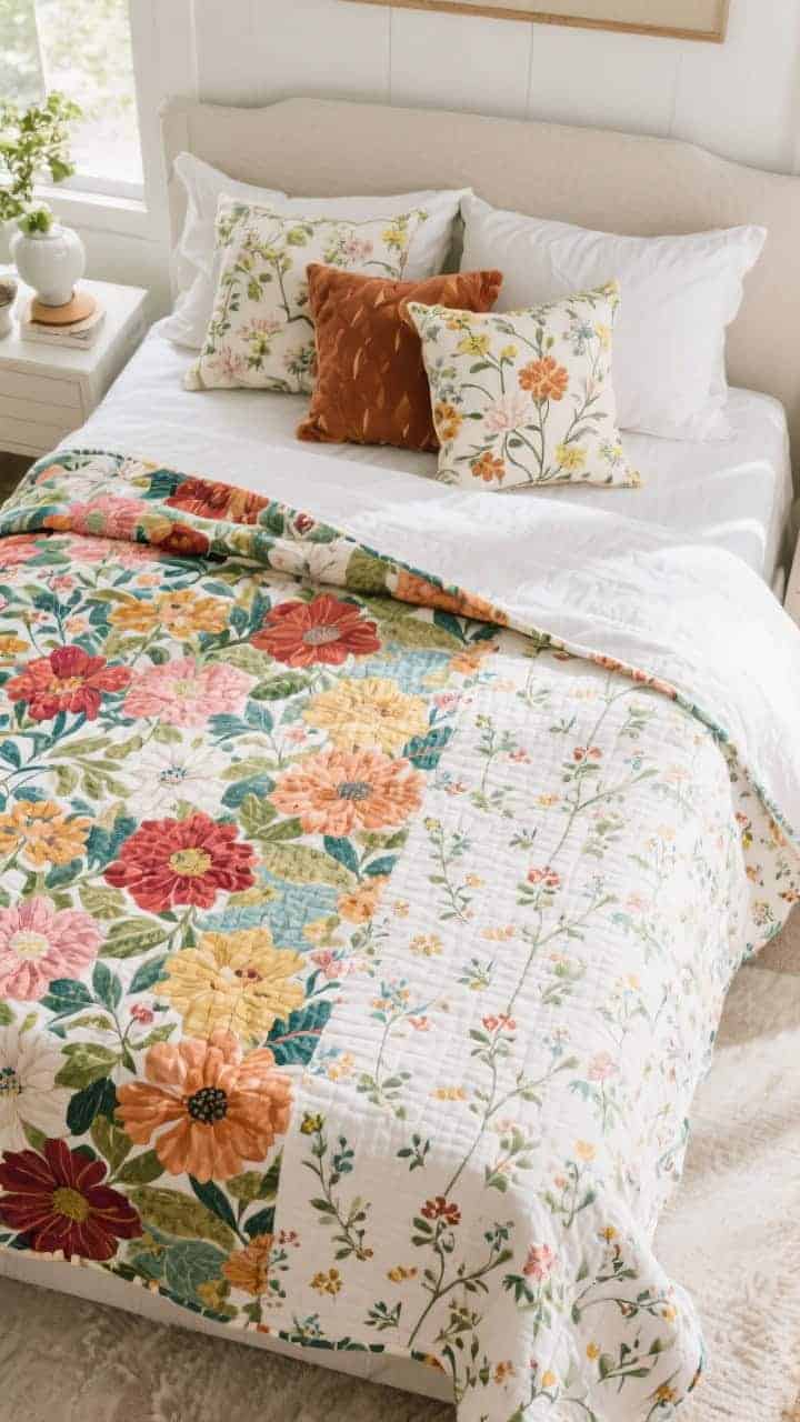 Medium overhead bed shot: Reversible floral quilt flipped to show two distinct looks—bold blooms on Side A and ditsy sprigs on Side B; shams coordinated with Side A, throw pillows coordinated with Side B for mix-and-match; seasonal styling cues with lighter accessories for spring and deeper tones for fall; bright, even daylight to clearly show both sides.
