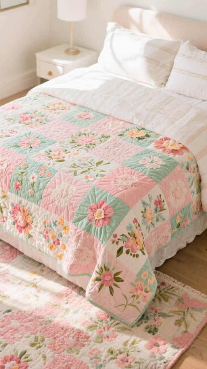 Medium overhead from foot of bed: A cheerful patchwork floral quilt in a tight palette of blush and sage with consistent warm undertones; sheets in solid off-white or subtle stripe to let the patchwork be star; a coordinating blush-and-sage area rug partially visible to echo quilt colors; bright, natural light for crisp pattern definition.