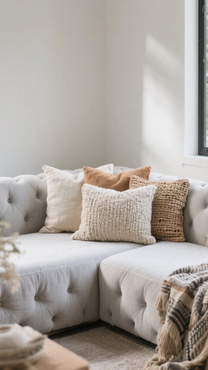 Medium shot: A calm, modern living room corner with a light gray sofa layered in tufted cotton, chenille, and woven-nub throw pillows in tone-on-tone creams, tans, and grays; one chunky textured pillow balanced by smoother linen companions to avoid boho overload; soft diffuse natural light enhancing inviting texture and visual depth.