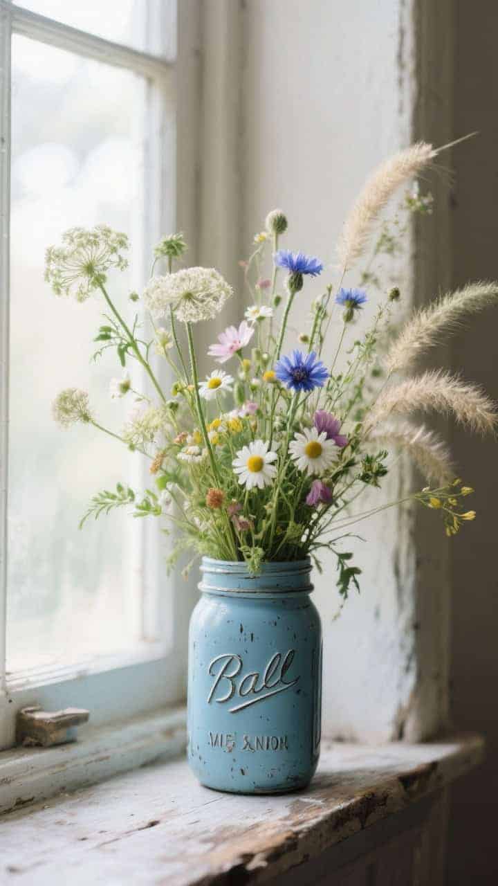 Medium shot, angled from a corner: A vintage blue mason jar holding an intentional wild meadow mix—queen anne’s lace, cosmos, cornflowers, chamomile, and feathery grasses—arranged asymmetrically with a few stems arcing to one side; layered heights for natural movement; placed on a rustic windowsill, gentle morning light, whimsical yet curated mood.
