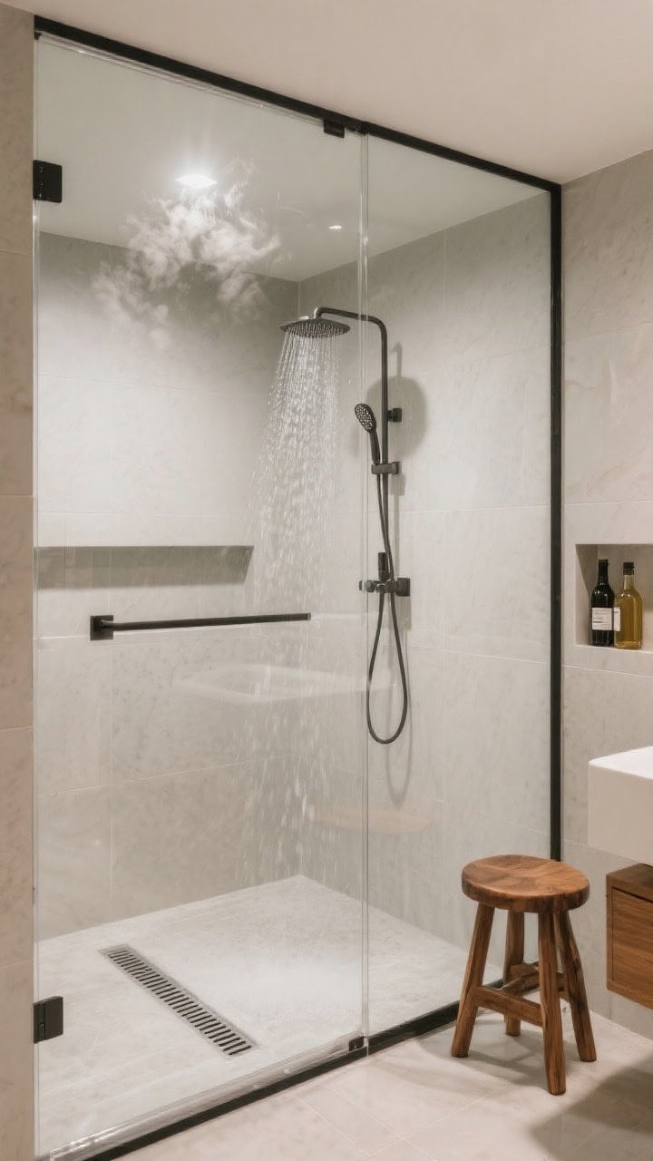 Medium shot, corner angle: Elevated shower experience—frameless clear glass enclosure, ceiling-mounted rain shower plus a handheld sprayer on a rail, linear drain along the floor, tiled niche with a ledge holding decanted bottles, teak stool tucked neatly; steamy, luxurious vibe.