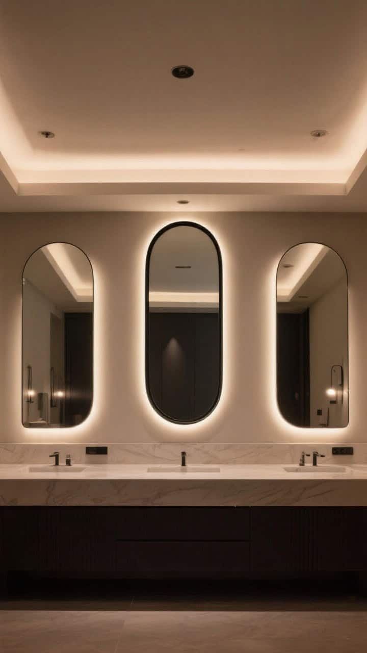 Medium shot featuring a statement mirror: tall pill-shaped mirror with a thin black frame above a dark vanity, softly glowing with LED backlighting for a halo effect; high ceiling emphasized by mirror’s verticality; paired double mirrors over a long counter create elegant rhythm; warm, dimmable lighting.