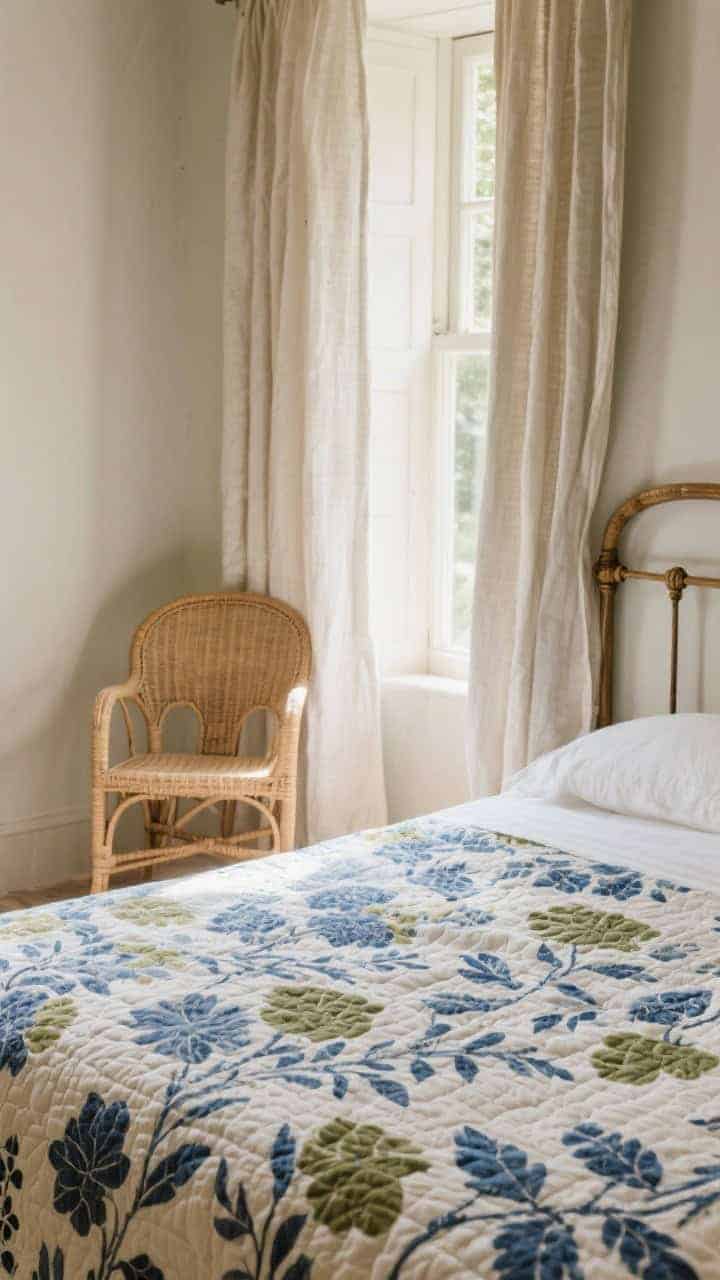 Medium shot from side: Hand-blocked botanical floral quilt in indigo and olive on a bed; natural materials around—rattan chair, cane headboard, linen curtains moving softly; tight palette of two to three colors; lightly quilted texture ideal for warm climates; clear morning light with soft shadows for a European cottage feel.