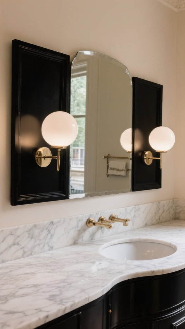 Medium shot of a bathroom mirror flanked by frosted globe sconces (6–8 inch diameter) mounted slightly above eye level; matte black backplates for contrast against cream walls; diffused, shadow-free light reminiscent of Parisian cafes; subtle veining marble countertop, curved edges, romantic yet clean look.