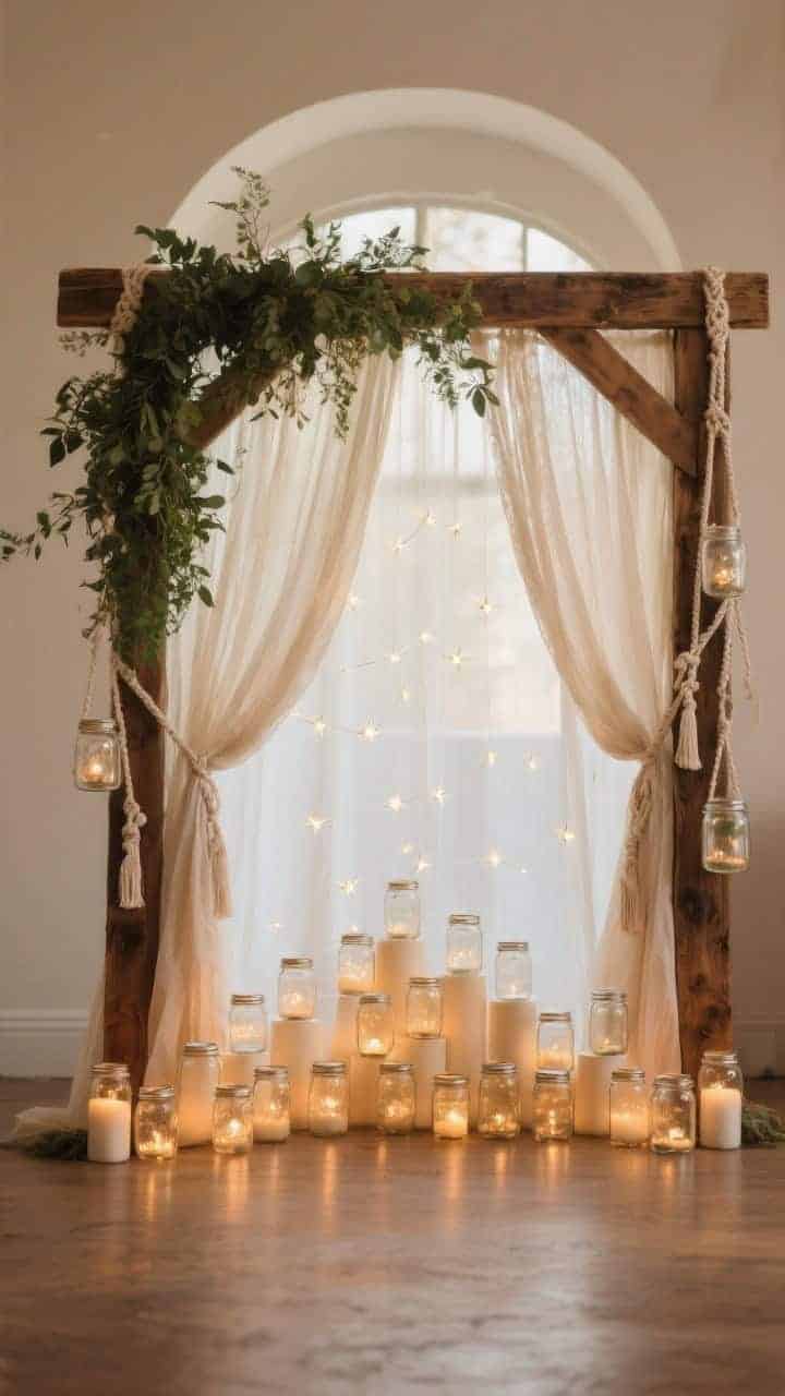 Medium shot of a photogenic backdrop: a rustic wooden arch draped with greenery, behind it a sheer voile curtain softening the scene, and in front a staggered curtain of mini mason jars glowing at varying heights like a constellation. Keep the center area at face height intentionally jar-free to frame subjects. Optional macramé slings holding a few jars on the sides. Even, warm illumination suitable for portraits, straight-on composition.
