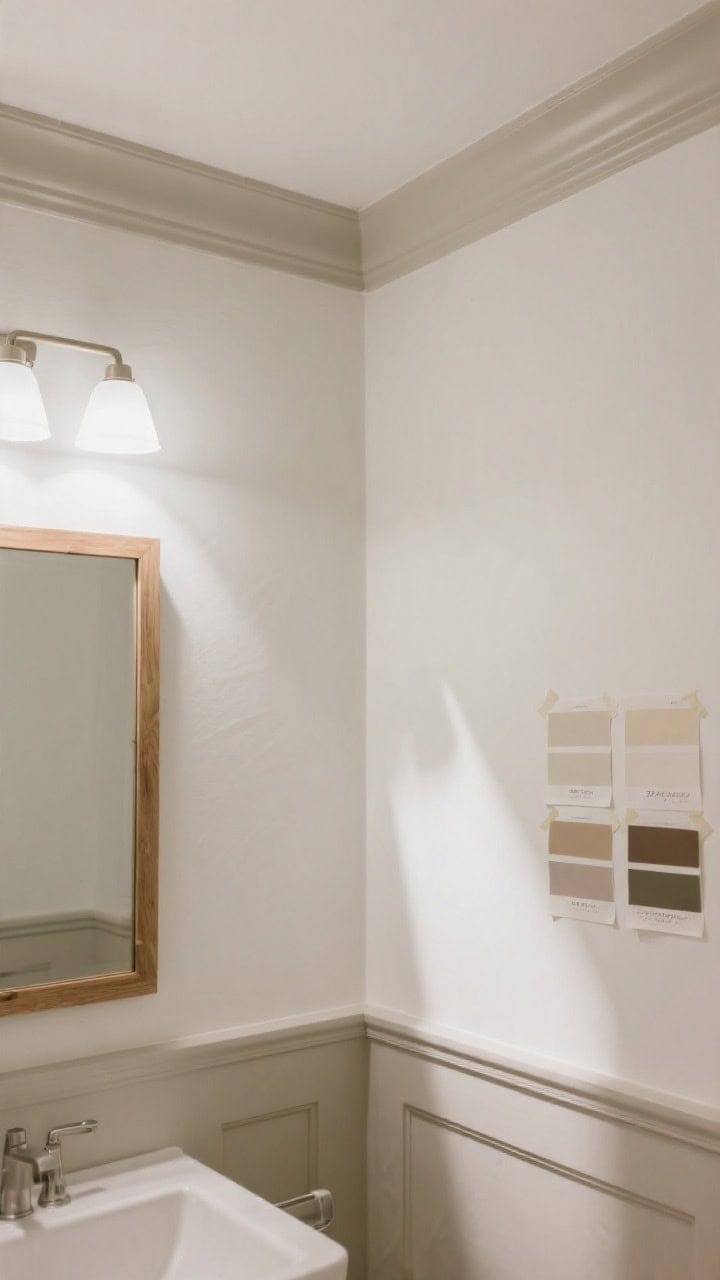 Medium shot of a serene bathroom corner with creamy white walls and ceiling painted the same shade, warm greige trim in semi-gloss, eggshell sheen on walls, and a simple oak-framed mirror; soft white 2700–3000K bulbs casting cozy, flattering light; a subtle shadow play showing large paint swatches taped to the wall for testing, evoking a spa-like, non-clinical mood.