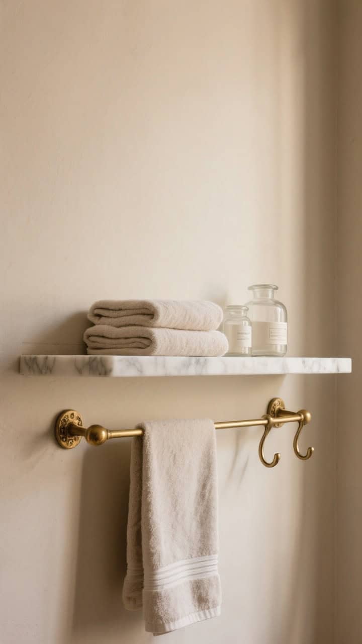 Medium shot of a slim marble wall shelf supported by petite French brass brackets, paired with elegant brass towel bars and double robe hooks; slender, curved hardware lines; shelf styled with folded linen towels and simple apothecary jars; warm, neutral wall backdrop; side angle highlighting proportion, practicality, and Parisian-apartment tailoring.