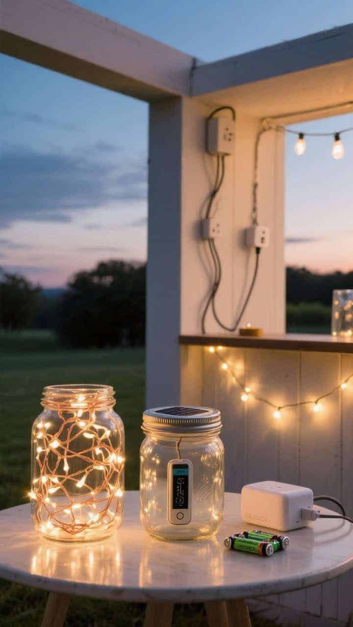 Medium shot of a small outdoor wedding setup at twilight showing three power types: a cluster of battery-operated warm white copper-wire fairy lights inside a jar with a visible slim battery pack and timer switch; a jar with a solar lid charging earlier in direct sun now glowing; and a plug-in strand powering a bar backdrop with neat cable management and concealed cords along a beam. Include a charger with rechargeable AA batteries on a side table. Warm white LED tone, corner angle, softly lit sky transitioning to night.