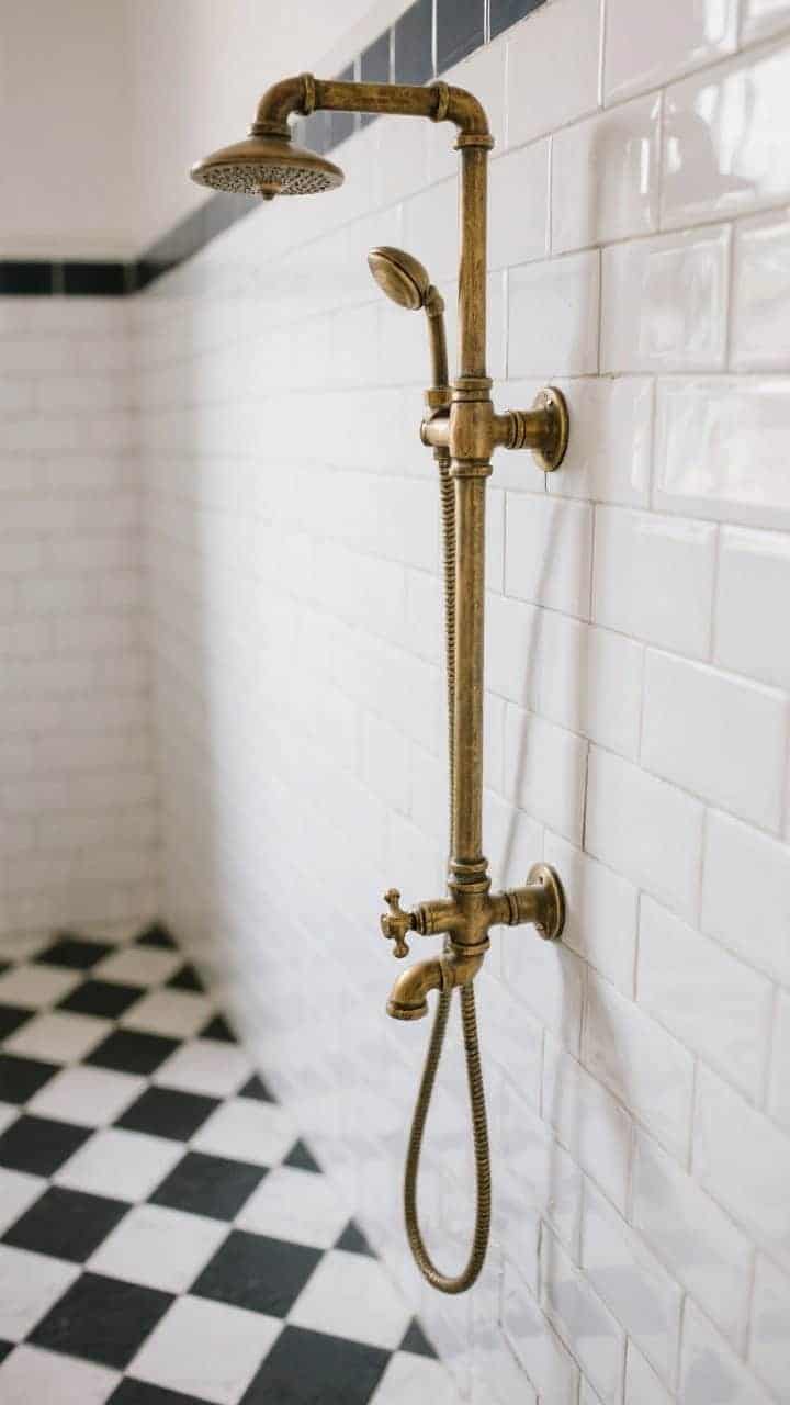 Medium shot of a vintage-inspired exposed shower pipe set: French brass exposed shower valve, vertical riser, and fittings in unlacquered finish with gentle patina; delicate piping lines stand out against glossy white subway tile walls with dark grout; classic checked black-and-white floor; angled composition from waist height, evoking Euro-flat charm and architectural detail without heavy construction.