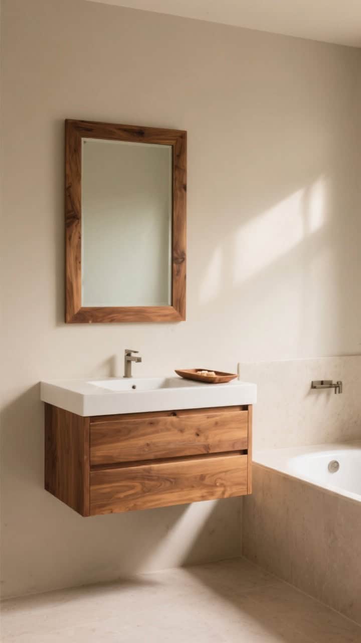 Medium shot of a warm neutral vanity wall: floating oak vanity with slab fronts, a teak-framed mirror above, and a small teak bath tray resting on the ledge of a nearby white tub; sealed wood surfaces with a soft satin glow, cohesive warm wood tones, and gentle afternoon light enhancing the spa-like warmth.