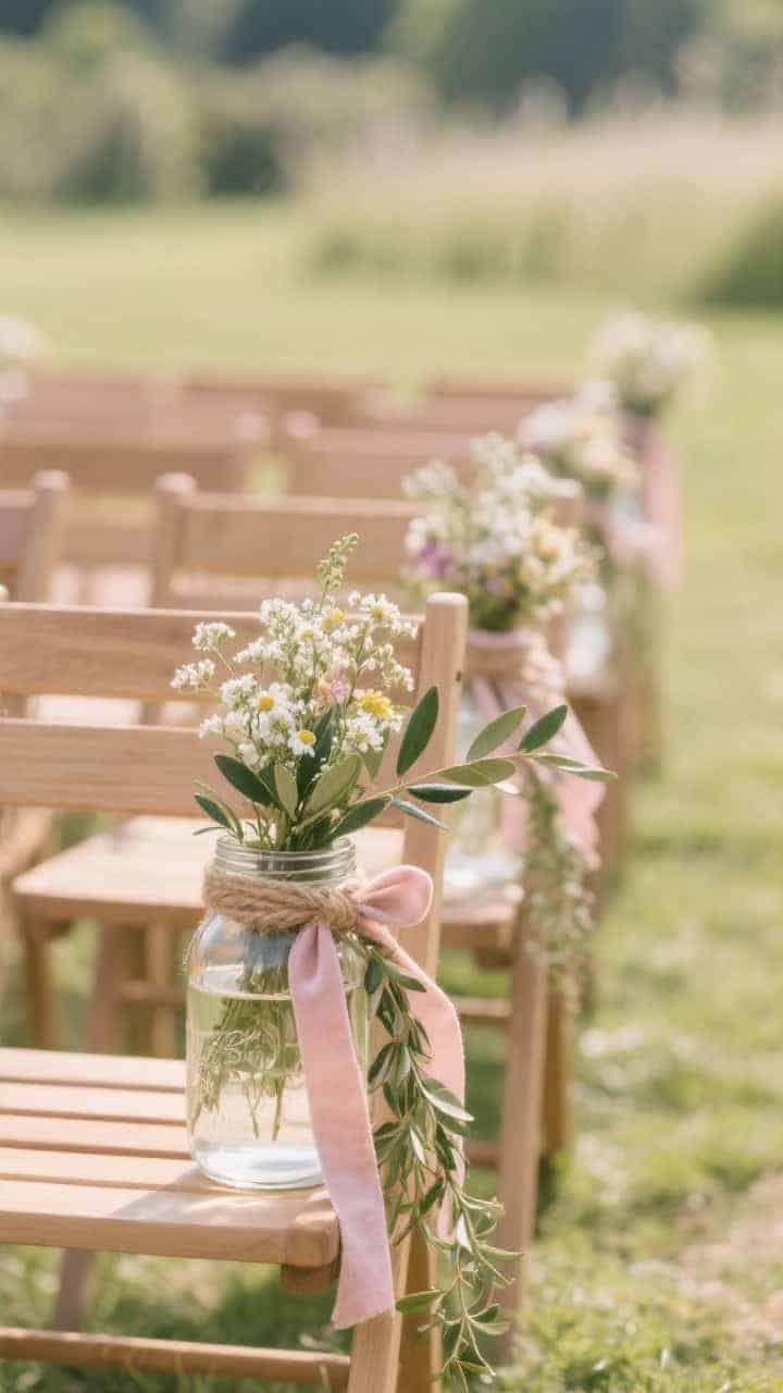 Medium shot of ceremony aisle chairs outdoors: simple wooden chairs with mason jars tied on the aisle side using natural jute twine and a blush velvet ribbon looped twice and knotted under the jar lip; jars filled with wildflowers, baby’s breath, and olive branches, with trailing Italian ruscus cascading for movement; tonal palette of blush, cream, and fresh greenery; soft natural daylight, background bokeh of meadow; a few unobtrusive floral water tubes visible inside jars; straight-on angle along the aisle, no people.