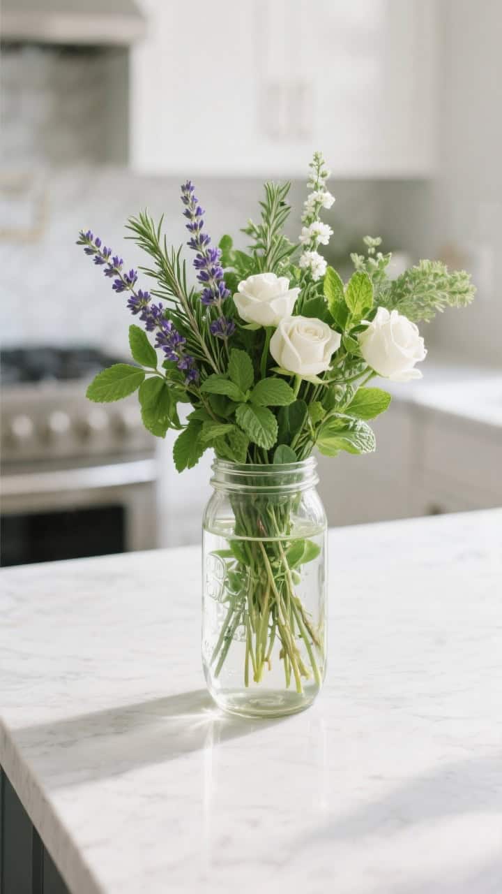 Medium shot, overhead-angled: A narrow-mouth mason jar on a kitchen island holding an herb-forward bouquet—lavender, rosemary, mint, basil—interspersed with small white spray roses; green-on-green freshness with subtle white accents; crystal-clear water maintained with a splash of vinegar look; tidy stems, no leaves below water; bright yet indirect daylight, clean countertop styling.