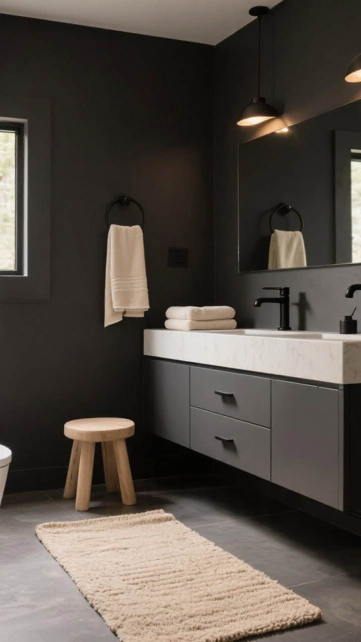 Medium shot playing with soft contrast: dark charcoal walls and vanity paired with creamy towels on a pale wood stool, oat-colored bath mat underfoot; black fixtures as accents; gentle warm lighting prevents a cave-like feel; color pairings like charcoal + bone and black + linen-beige read clearly.
