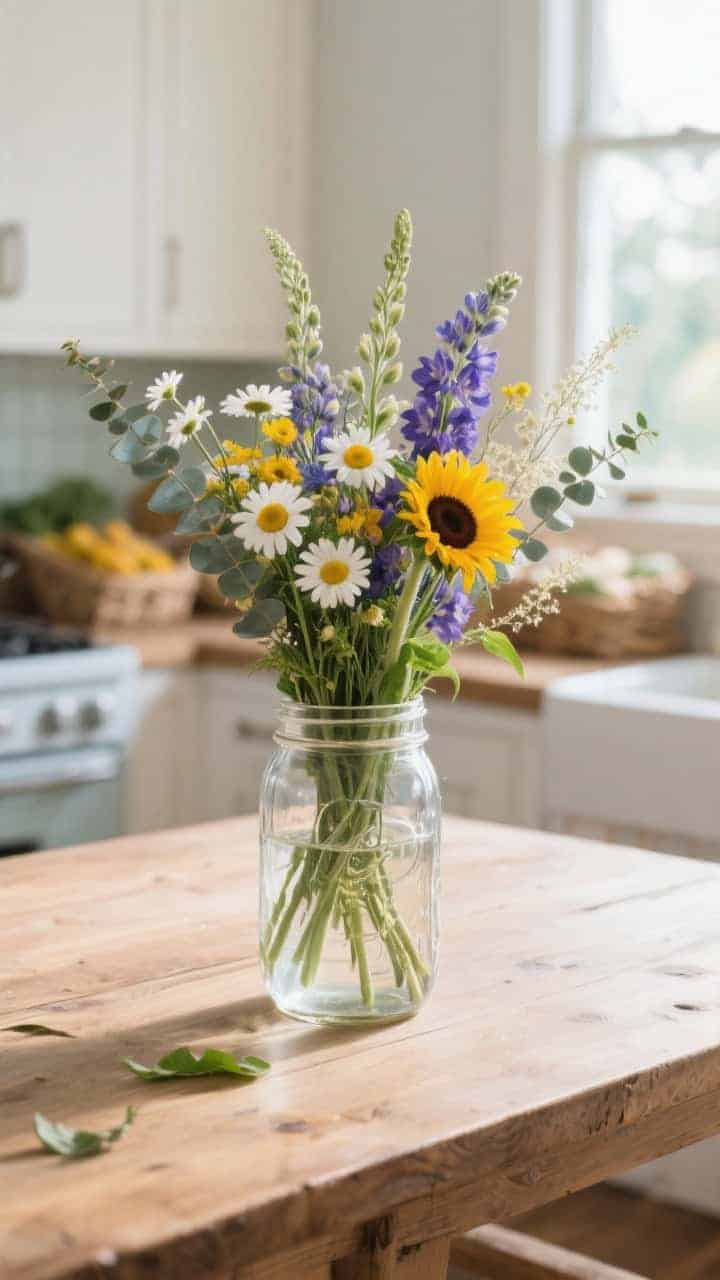 Medium shot, straight-on: A clear mason jar filled with a breezy mix of daisies, sunflowers, snapdragons, and wispy eucalyptus on a wooden kitchen table, stems crisscrossed and visible through the glass; cool water line is clean with stripped leaves below, cheerful light, casual balanced composition, bright and happy farmer’s market vibe, natural daylight from a nearby window, no people.
