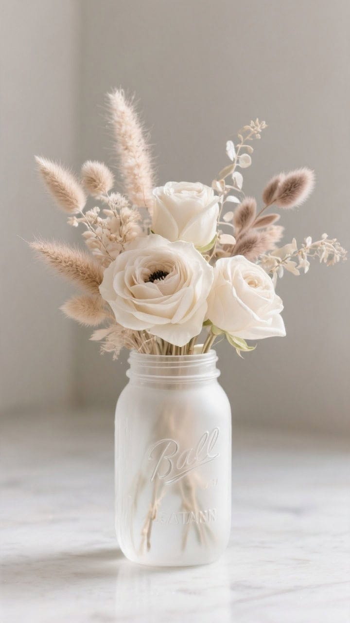 Medium shot, straight-on: A frosted matte-white mason jar showcasing a neutral luxe combo—fresh ivory roses or pale anemones mixed with dried bunny tails, petite pampas snippets, and bleached ruscus; low water level so only fresh stems touch water; dried pieces angled outward creating a soft halo; palette of ivory, blush, sand, taupe; boutique, high-end feel with soft studio-like lighting.
