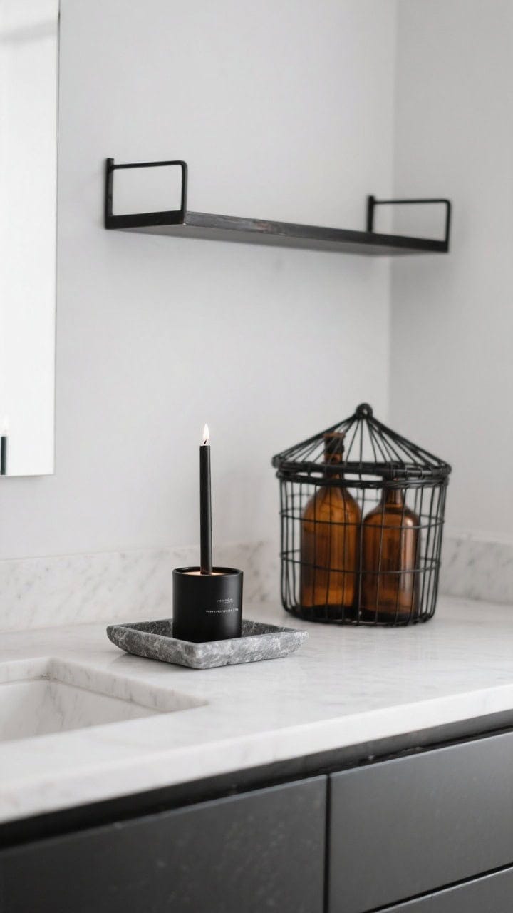 Medium shot, straight-on: A minimal, edited vanity scene—clean countertop with one hero item (a single black metal candle on a stone tray), amber decanted bottles hidden in a lidded basket on an open shelf, all metals matched in black; negative space, uncluttered, balanced composition.