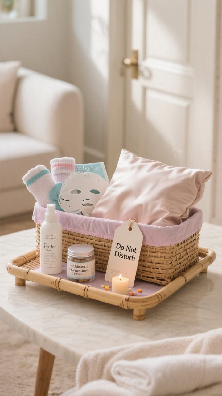Medium spa-at-home vignette of a Jet Lag Survival basket styled on a low bamboo tray lined with calming pastel tissue: hydrating face mist, folded sheet masks, cute compression socks, a small jar of melatonin/magnesium gummies, and a neatly folded silk pillowcase; rolled hand towels and a tiny lit candle add warmth; a printed “Do Not Disturb” door tag rests on the tray; soft diffused morning light, serene color palette, no people.