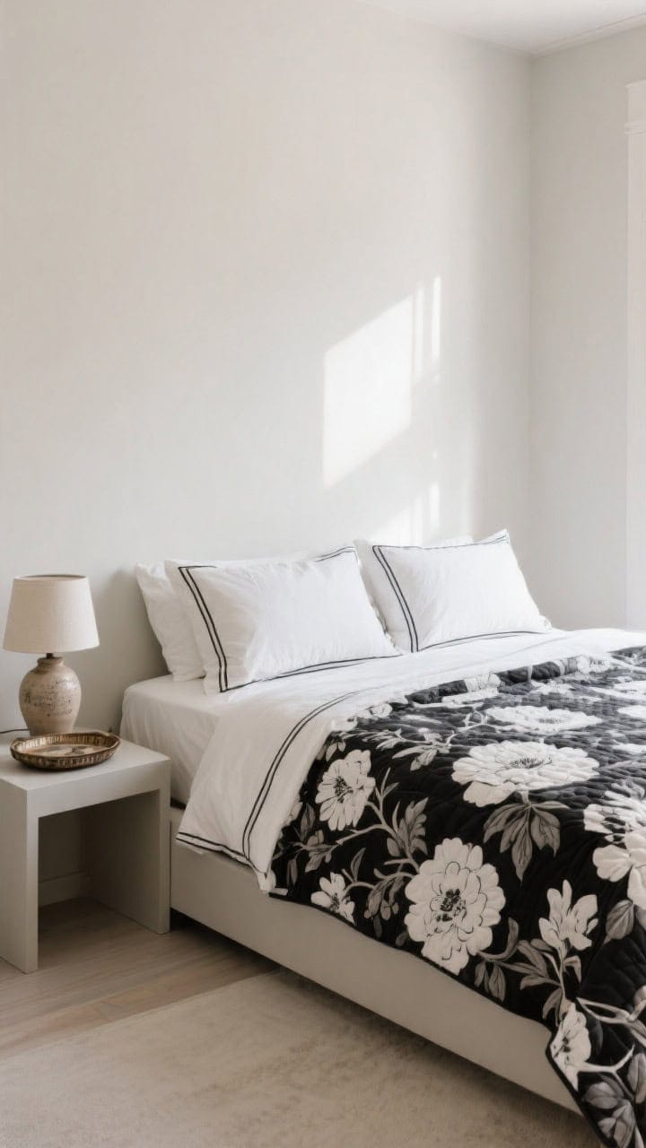 Medium, straight-on: Minimalist platform bed with clean lines dressed in a single bold floral quilt as the statement; monochrome shams with crisp piping for tailored look; uncluttered styling with just a ceramic lamp and a vintage tray on a simple bedside table; neutral walls, ample natural light, modern-meets-cottage contrast.