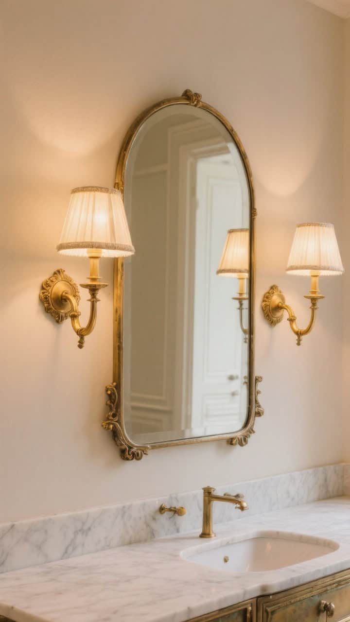 Medium, straight-on shot of a Paris-apartment-style vanity wall with a pair of antique-inspired gilded sconces flanking an arched mirror; warm brass/brushed gold curved arms with fabric or frosted glass shades; sconces mounted at eye level (about 60–66 inches); soft, flattering 2700K glow for even makeup lighting; patinaed metal, creamy wall paint, subtle marble counter; no people, photorealistic, romantic ambiance.