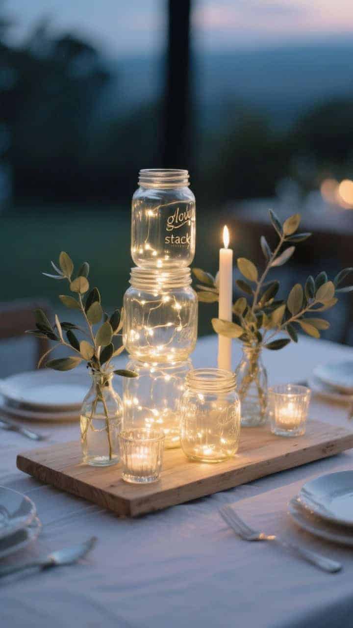 Medium tabletop shot of a layered centerpiece “glow stack” after sunset: on a light wood board base, cluster one tall quart jar, one medium pint jar, and one short mini jar, all lit with warm white lights. Add a few petite bud vases, two glass votives, and a single pillar candle for contrast. Finish with airy sprigs of eucalyptus and olive branches, leaving negative space for tableware. Photographed at eye level to emphasize height variation, softly blurred background.