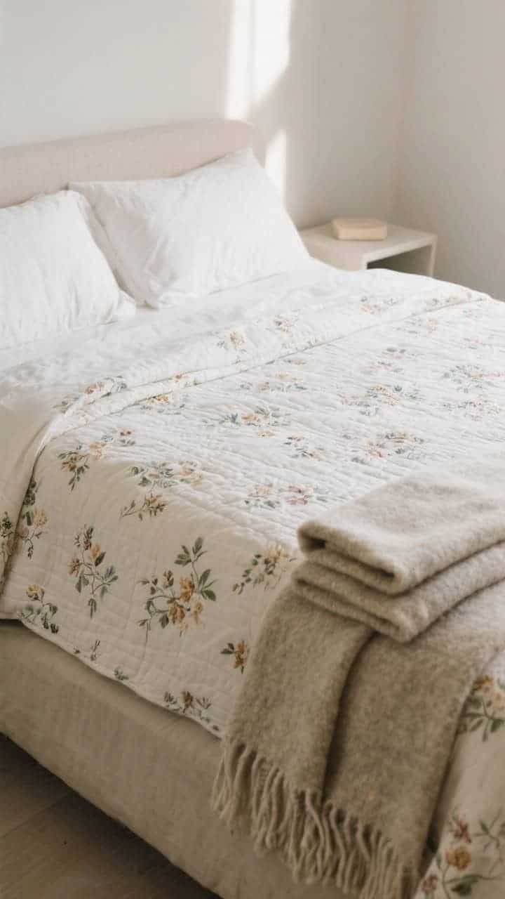 Medium, three-quarter angle: A layered bed featuring a thin floral cotton quilt on top, a light solid matelassé coverlet folded at the foot, and a nubby wool throw neatly folded over both; floral remains center stage while the others are solids; precise, clean folds for a polished yet cozy look; soft morning light, neutral bedside table minimal decor.