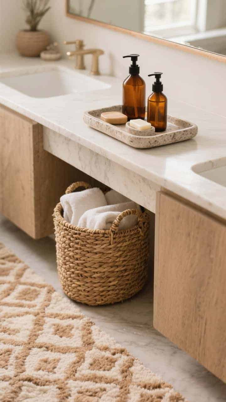 Medium vignette of styled accessories on a vanity: a ceramic stone tray corralling daily items, matching amber glass pump bottles for soap and lotion, a woven seagrass basket under the counter for towels, and a plush low-contrast patterned rug in warm neutrals underfoot; edited, uncluttered composition with cozy, functional textures and soft, warm lighting.