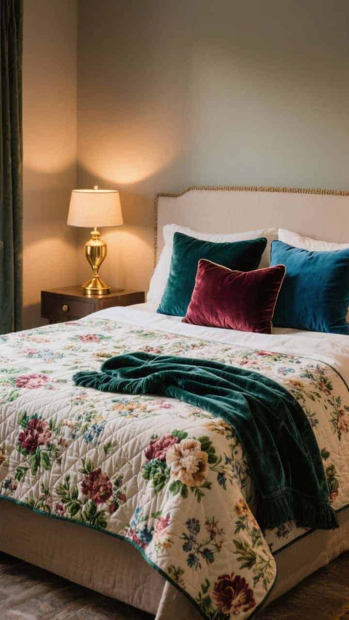 Medium vignette, straight-on: Floral quilt on bed accented with small-scale velvet throw pillows in jewel tones—moss, garnet, sapphire—pulled from the print; a quilted velvet throw casually folded; brass reading lamp on the nightstand to echo the luxe vibe; warm, cozy evening light.